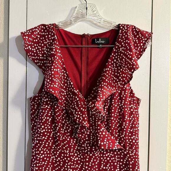 Lulus Fondest Memories Wine Red Polka Dot Sleeveless Ruffled Jumpsuit Size Med - Picture 6 of 10